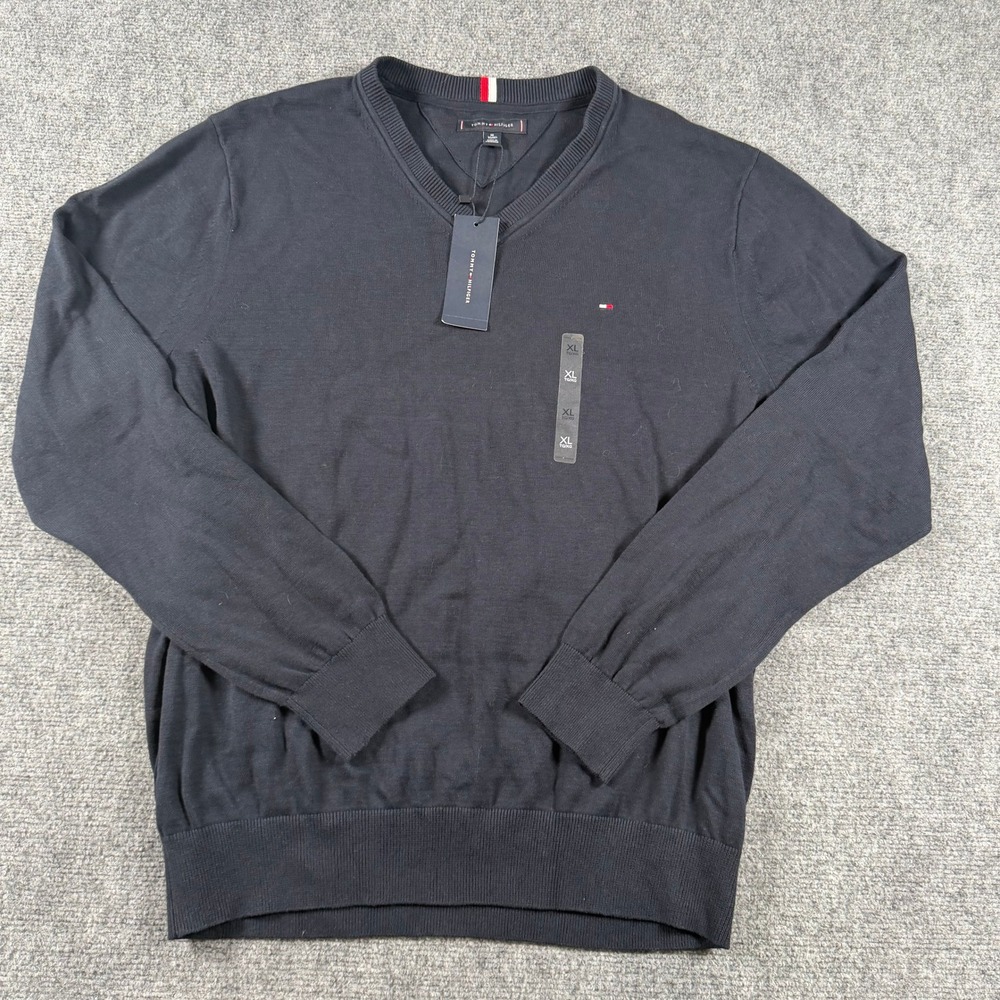 Tommy Hilfiger V-Neck Sweater Mens XL Navy Blue Cotton Knit Pullover New Prep